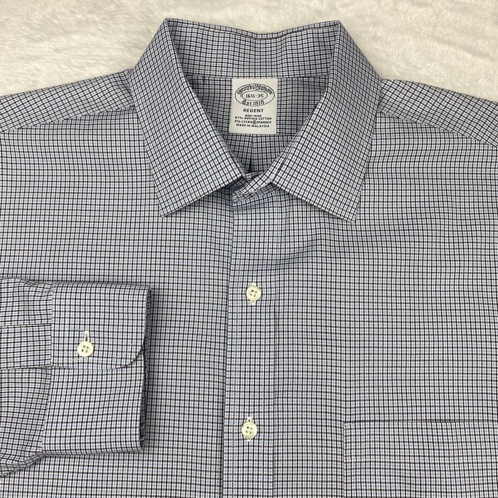 Brooks Brothers Dress Shirt Mens 16.5-35 Blue/Brown Check Regent No Iron Stretch